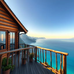 A stunning view from the balcony of a cozy wooden house overlooking an expansive landscape of majestic mountains meeting the sea