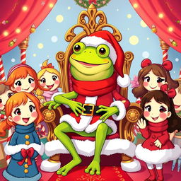 A festive scene featuring Pepe the Frog dressed as Santa Claus, sitting on an ornate throne