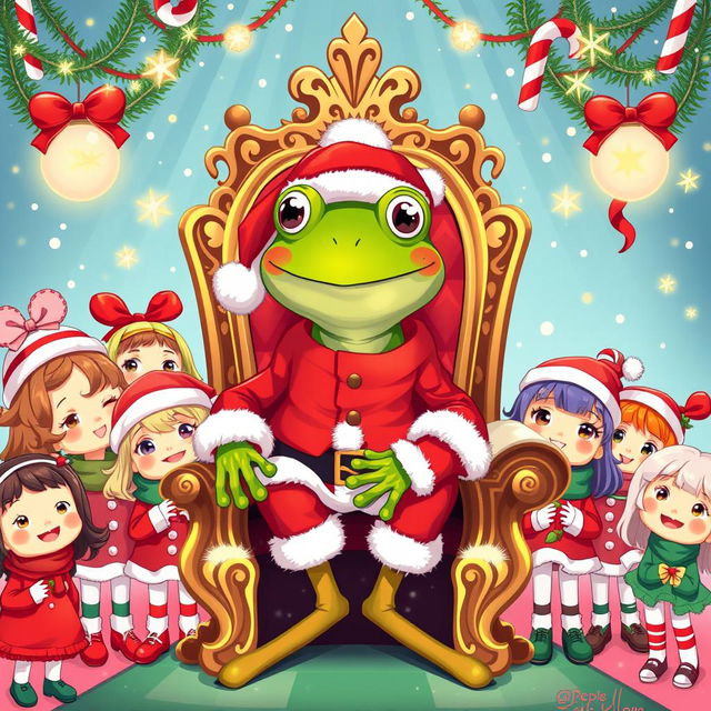 A festive scene featuring Pepe the Frog dressed as Santa Claus, sitting on an ornate throne