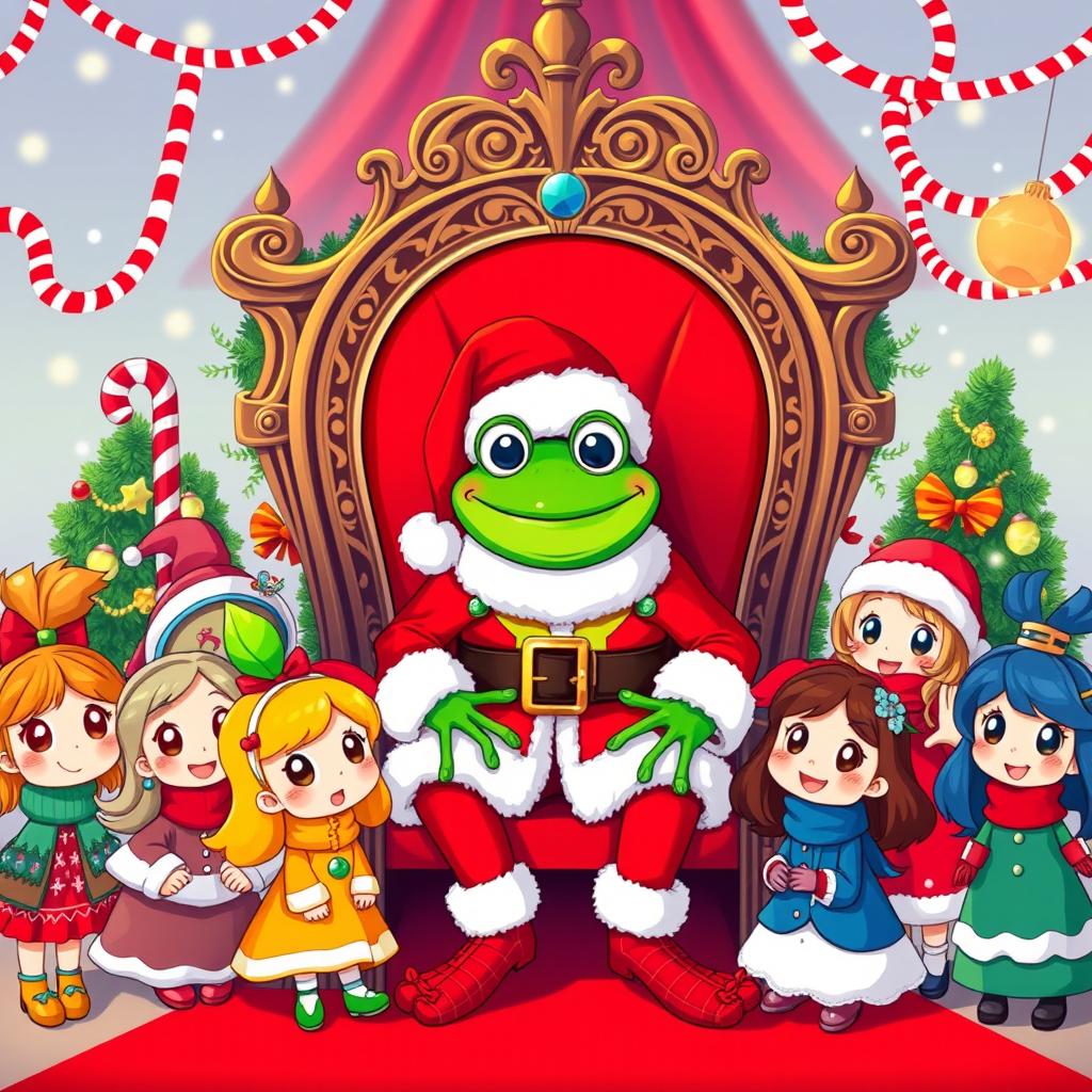 A festive scene featuring Pepe the Frog dressed as Santa Claus, sitting on an ornate throne