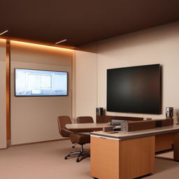 An interior of a chief engineer's office with modern furniture in shades of beige, grey, and brown. Feature a wall with a mounted LCD screen opposite to the desk.