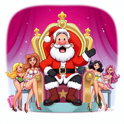 A whimsical illustration featuring a character resembling Pepe, dressed in a vibrant Santa Claus costume, joyfully sitting on a grand throne
