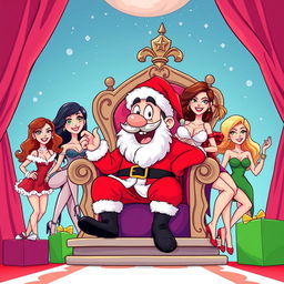 A whimsical illustration featuring a character resembling Pepe, dressed in a vibrant Santa Claus costume, joyfully sitting on a grand throne