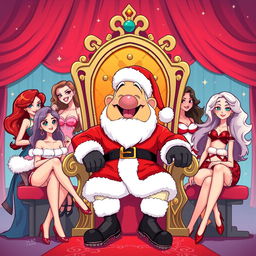 A whimsical illustration featuring a character resembling Pepe, dressed in a vibrant Santa Claus costume, joyfully sitting on a grand throne