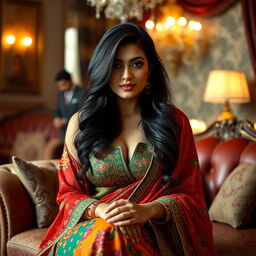 A sensual Pakistani beauty with long dark hair and alluring features, wearing a colorful traditional outfit that accentuates her figure