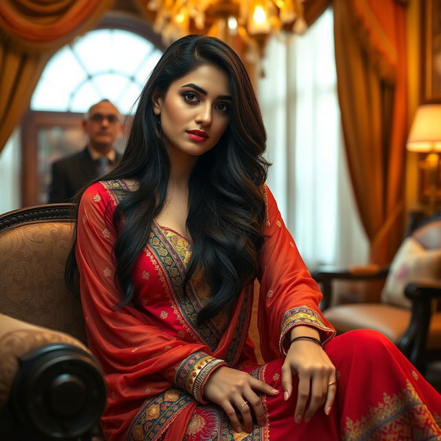 A sensual Pakistani beauty with long dark hair and alluring features, wearing a colorful traditional outfit that accentuates her figure