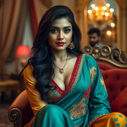 A sensual Pakistani beauty with long dark hair and alluring features, wearing a colorful traditional outfit that accentuates her figure