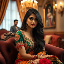 A sensual Pakistani beauty with long dark hair and alluring features, wearing a colorful traditional outfit that accentuates her figure