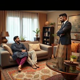 A Pakistani couple in a modern living room, the husband sitting on the couch looking submissive while the wife is flirting with another man, who is standing confidently nearby