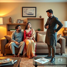 A Pakistani couple in a modern living room, the husband sitting on the couch looking submissive while the wife is flirting with another man, who is standing confidently nearby