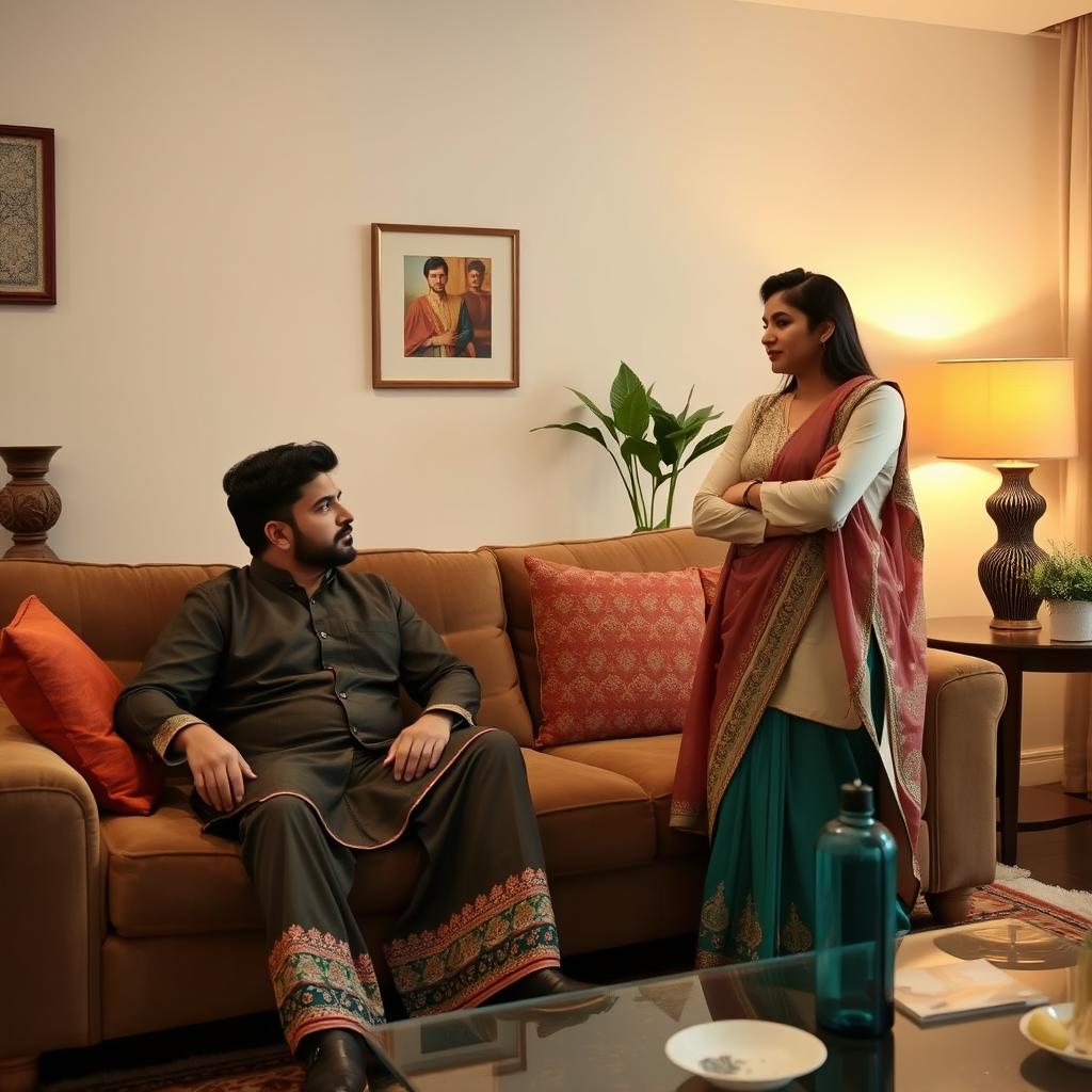 A Pakistani couple in a modern living room, the husband sitting on the couch looking submissive while the wife is flirting with another man, who is standing confidently nearby