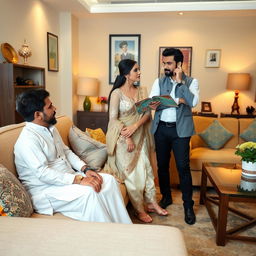 A Pakistani couple in a modern living room, the husband sitting on the couch looking submissive while the wife is flirting with another man, who is standing confidently nearby