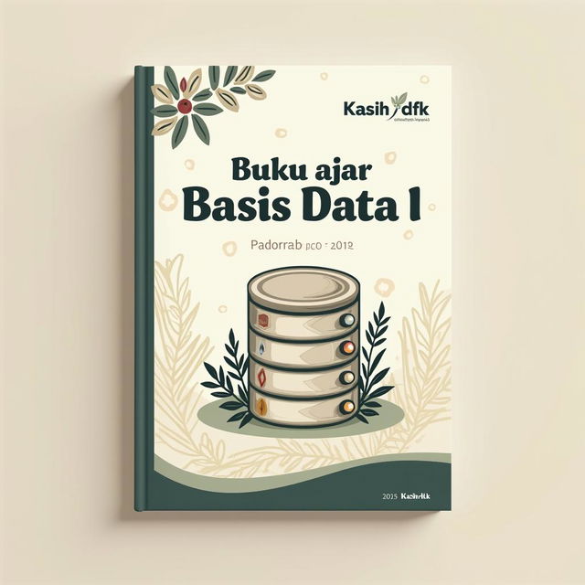Cover design for an A4 book titled 'Buku ajar Basis Data I' by Kasih dkk, featuring an attractive vector image of a database