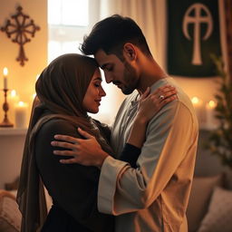 A sensual interfaith couple, showcasing a romantic and intimate moment between two adults of different religions, gently embracing each other in a softly lit, cozy room
