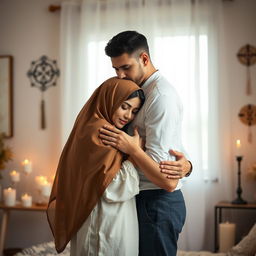 A sensual interfaith couple, showcasing a romantic and intimate moment between two adults of different religions, gently embracing each other in a softly lit, cozy room