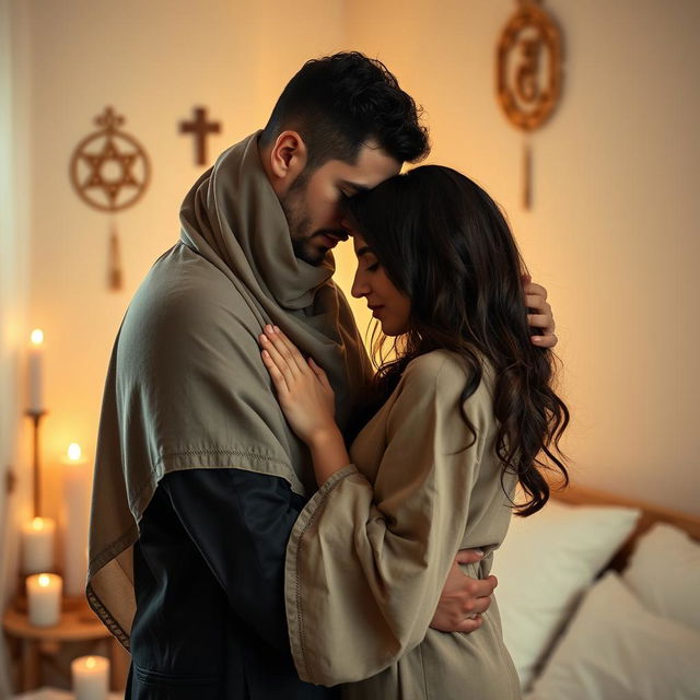 A sensual interfaith couple, showcasing a romantic and intimate moment between two adults of different religions, gently embracing each other in a softly lit, cozy room