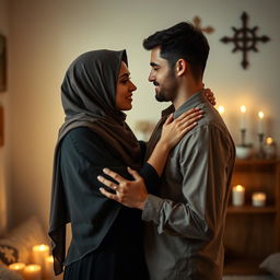 A sensual interfaith couple, showcasing a romantic and intimate moment between two adults of different religions, gently embracing each other in a softly lit, cozy room