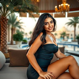 A beautiful Middle Eastern woman with an attractive figure, lounging gracefully in a luxurious setting reminiscent of the United Arab Emirates