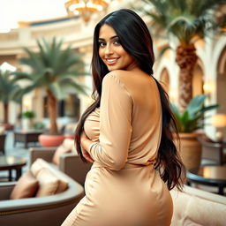 A beautiful Middle Eastern woman with a curvy figure, relaxing in a luxurious environment inspired by the United Arab Emirates