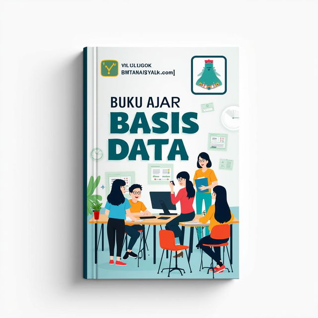 Cover design for an A4 book titled 'Buku ajar Basis Data I' by 'Kelompok 1', featuring a vibrant vector illustration of people studying in a computer lab