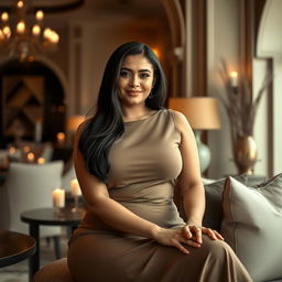 A beautiful Middle Eastern woman with a curvy figure, embodying elegance and simplicity in a luxurious yet understated setting inspired by the United Arab Emirates