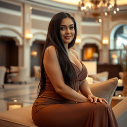 A beautiful Middle Eastern woman with a curvy figure, embodying elegance and simplicity in a luxurious yet understated setting inspired by the United Arab Emirates