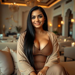 A beautiful Middle Eastern woman with a curvy figure, embodying elegance and simplicity in a luxurious yet understated setting inspired by the United Arab Emirates