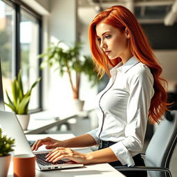 A trendy office scene featuring a skinny redhead woman wearing a form-fitting office shirt that accentuates her figure