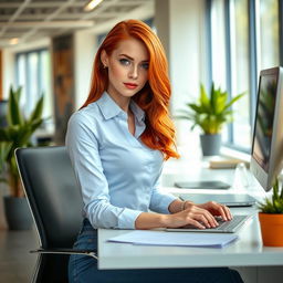 A trendy office scene featuring a skinny redhead woman wearing a form-fitting office shirt that accentuates her figure