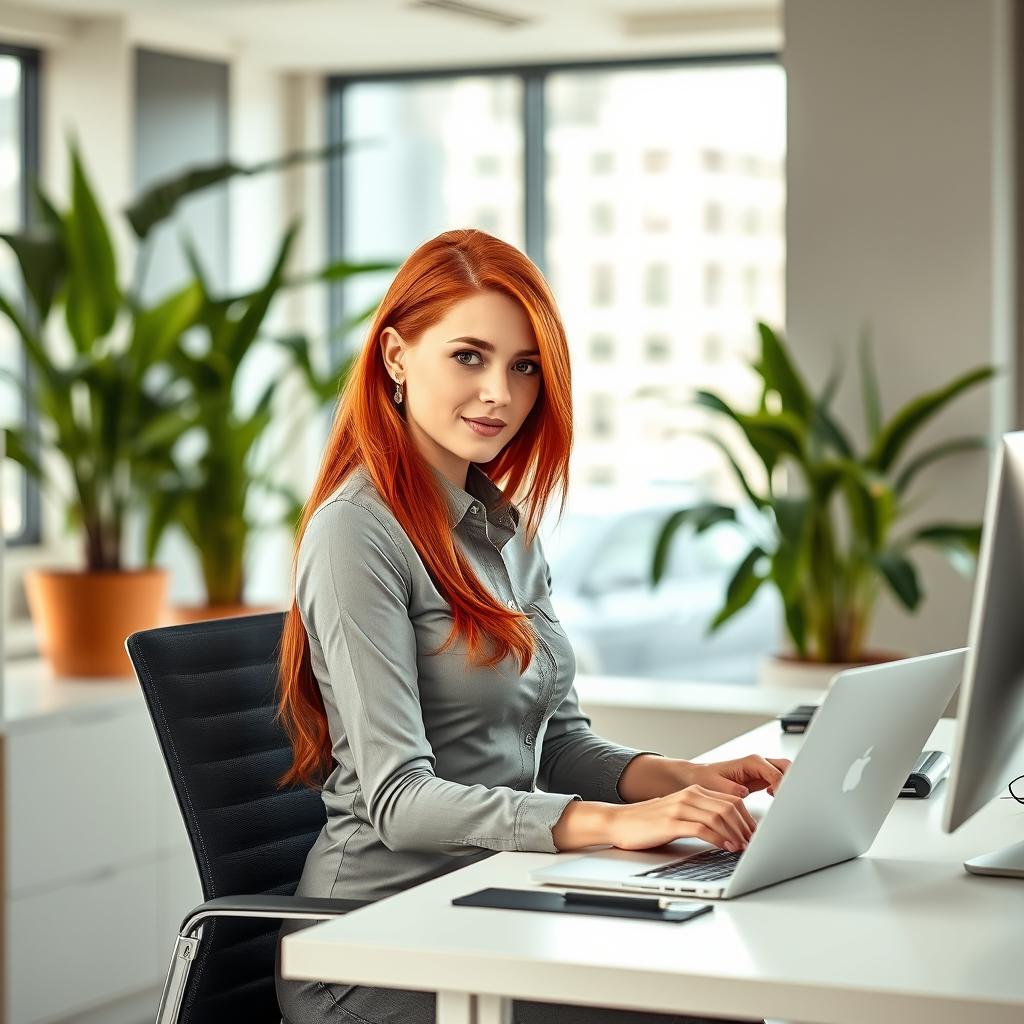 A trendy office scene featuring a skinny redhead woman wearing a form-fitting office shirt that accentuates her figure