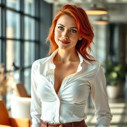 A stylish and confident skinny redhead woman in an office environment, wearing a fitted, tight dress shirt that highlights her cleavage