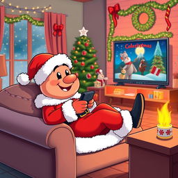 A cheerful character resembling Pepe dressed as Santa Claus, complete with a red suit, white fur trim, and a fluffy hat, lounging comfortably on a cozy sofa