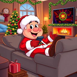 A cheerful character resembling Pepe dressed as Santa Claus, complete with a red suit, white fur trim, and a fluffy hat, lounging comfortably on a cozy sofa