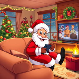 A cheerful character resembling Pepe dressed as Santa Claus, complete with a red suit, white fur trim, and a fluffy hat, lounging comfortably on a cozy sofa