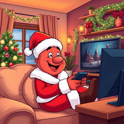 A cheerful character resembling Pepe dressed as Santa Claus, complete with a red suit, white fur trim, and a fluffy hat, lounging comfortably on a cozy sofa