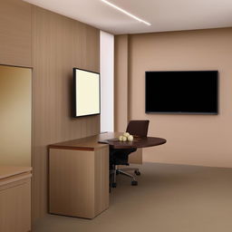 An interior of a chief engineer's office with modern furniture in shades of beige, grey, and brown. Feature a wall with a mounted LCD screen opposite to the desk.