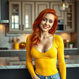 A slender and attractive redhead woman leaning against a stylish kitchen counter, wearing a bright yellow fitted top that showcases her cleavage