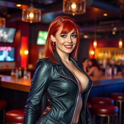 A slender and alluring redhead woman in a lively bar setting, wearing a fitted black leather jacket that highlights her cleavage