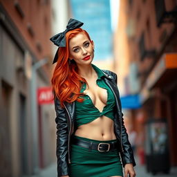 A slender and alluring redhead woman with a black bow in her hair, showcasing her cleavage in a stylish green shirt paired with a very short skirt and a chic black leather jacket