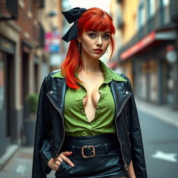 A slender and alluring redhead woman with a black bow in her hair, showcasing her cleavage in a stylish green shirt paired with a very short skirt and a chic black leather jacket