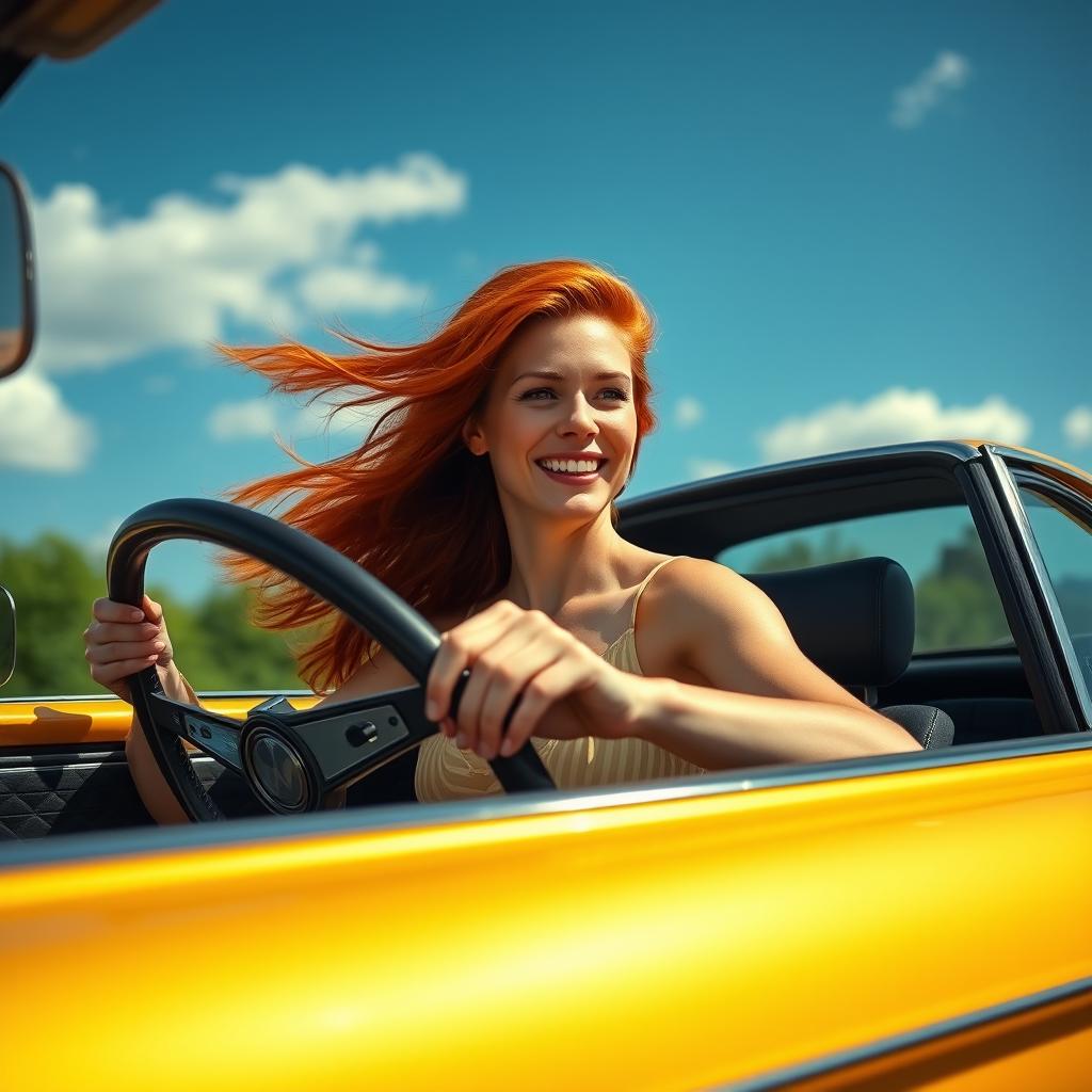 A skinny, pretty redhead driving a vintage Volkswagen Scirocco in an eye-catching Aztec gold color