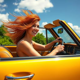 A skinny, pretty redhead driving a vintage Volkswagen Scirocco in an eye-catching Aztec gold color