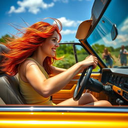 A skinny, pretty redhead driving a vintage Volkswagen Scirocco in an eye-catching Aztec gold color