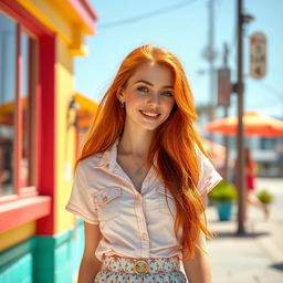 A skinny, pretty redhead wearing a stylish summer outfit that includes a trendy shirt and a chic skirt, exuding a playful and confident vibe