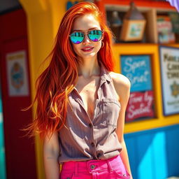 A skinny, pretty redhead wearing a stylish summer outfit that includes a trendy shirt and a chic skirt, exuding a playful and confident vibe