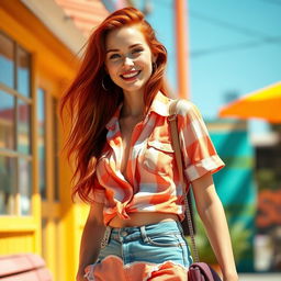 A skinny, pretty redhead wearing a stylish summer outfit that includes a trendy shirt and a chic skirt, exuding a playful and confident vibe