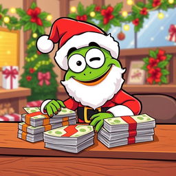A cartoon character inspired by Pepe the Frog, dressed as Santa Claus, cheerfully counting stacks of money on a wooden table