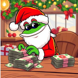 A cartoon character inspired by Pepe the Frog, dressed as Santa Claus, cheerfully counting stacks of money on a wooden table