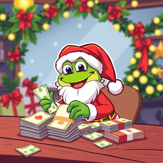 A cartoon character inspired by Pepe the Frog, dressed as Santa Claus, cheerfully counting stacks of money on a wooden table