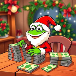 A cartoon character inspired by Pepe the Frog, dressed as Santa Claus, cheerfully counting stacks of money on a wooden table